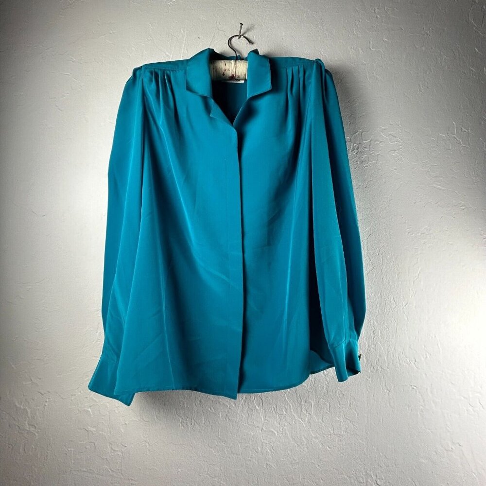 VTG 80s 90s Philippe Marques Womens Blouse Button Front Long Sleeve Size 10 Blue
